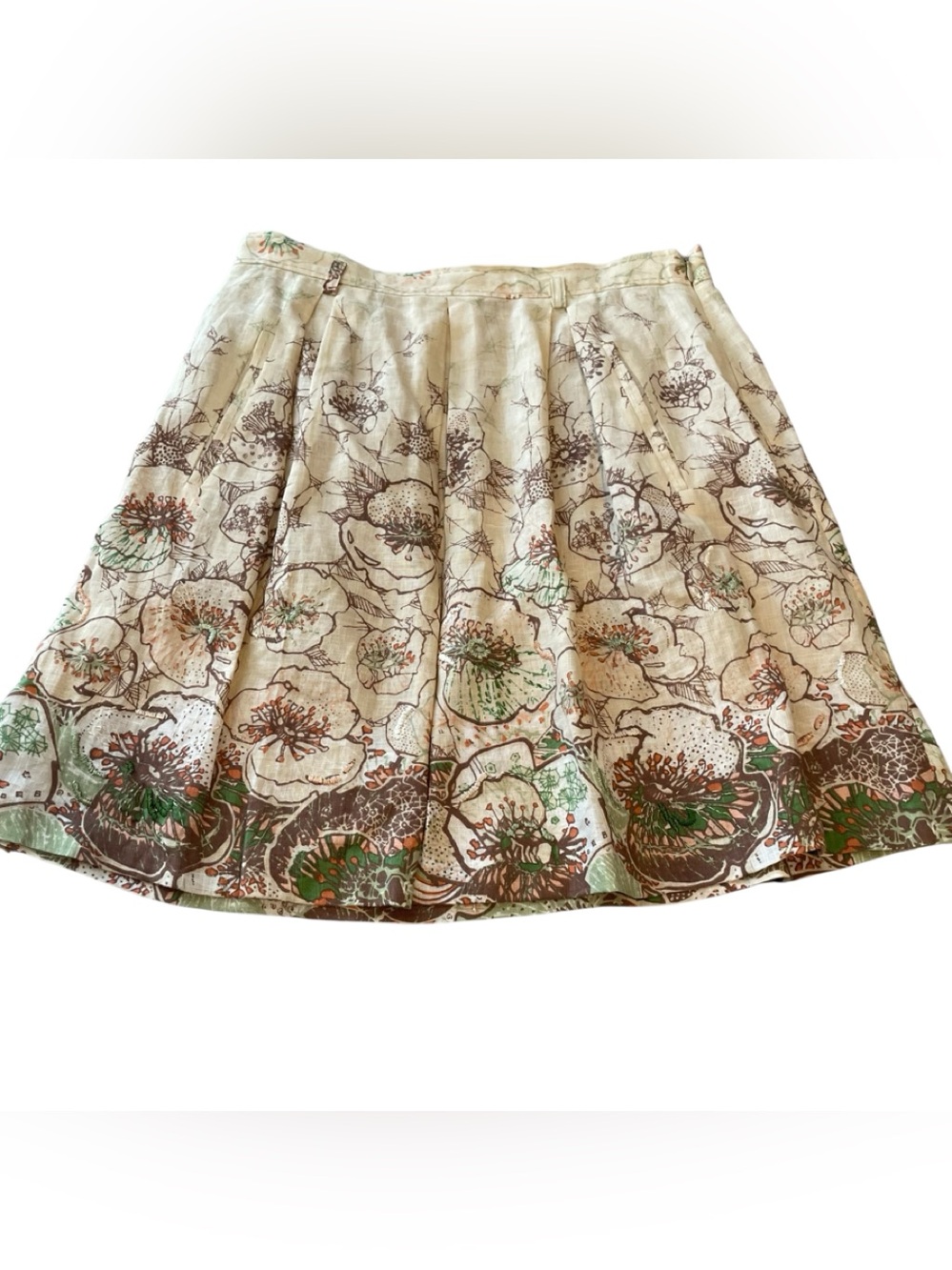Elie Tahari Beige Linen Floral Embroidered Fit & Flare Pleated Skirt Sz Small
